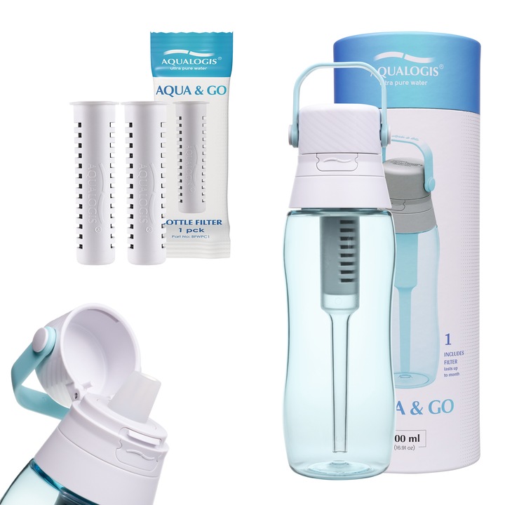 Aqualogis Aqua&Go sticla filtranta 500 ml + 2 filtre, Tritan fara BPA, filtru cu carbune activ, capac etans, pai integrat, pentru apa mai curata acasa, la birou, sport si calatorii