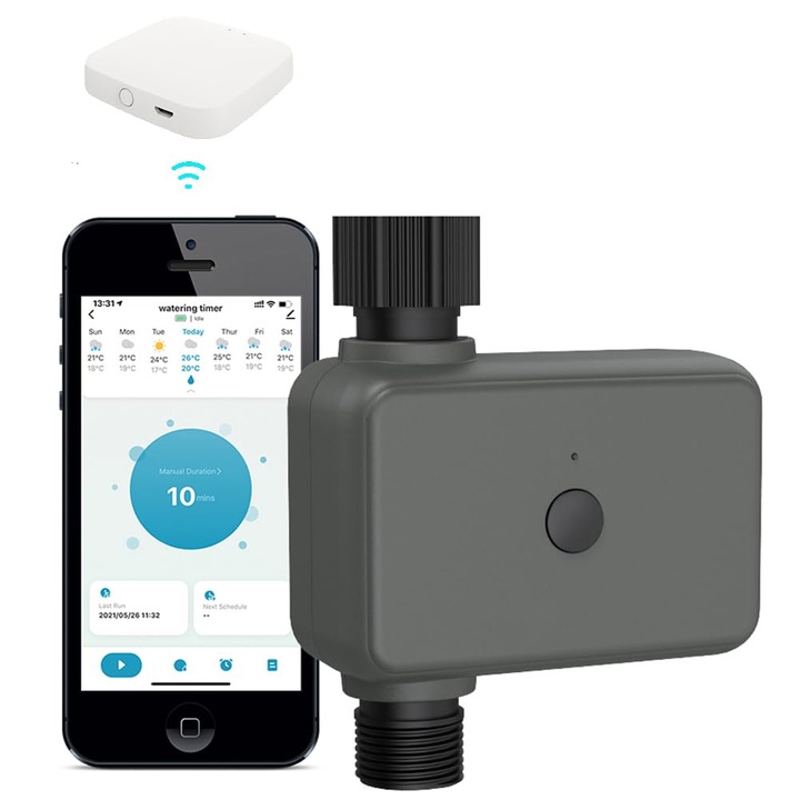 Programator pentru irigare/udare, Wifi, smart, rezistent la apa, compatibil aplicatie Tuya, Usor de instalat, Insotit de Gateway, pentru exterior, OUYLAF, Negru