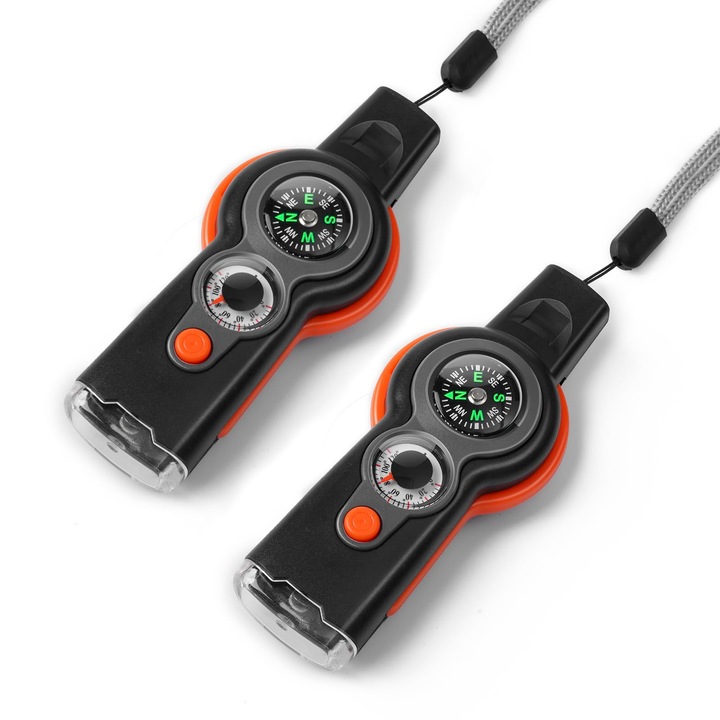Fluier de supravietuire 7-in-1 cu functii de urgenta, 2 buc, Cu busola inclusa, cu snur inclus, pentru camping si drumetii, veste de salvare, caiace, usor de folosit, OUYLAF, negru