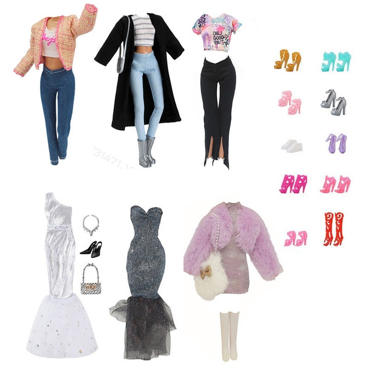 Set 6 haine pentru papusi de 30cm, cu 3 genti si 2 perechi de pantofi, multicolor