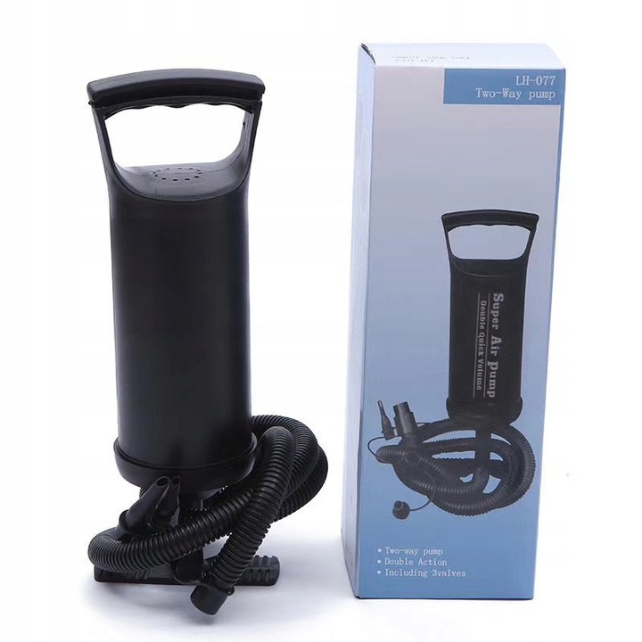 Pompa manuală rapidă, 30cm, 860cc, pentru saltele, mingi, jucării, neagră, set cu 3 vârfuri, furtun flexibil
