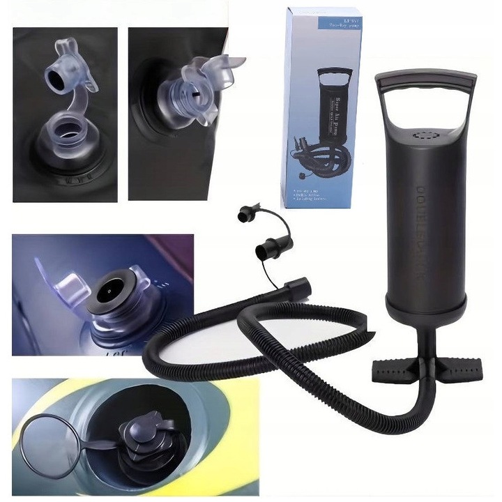 Ръчна помпа, без марка, 30 см, 860 см³, за матраци, за топки, за играчки, черна, комплектът включва: три сменяеми накрайника, гъвкав маркуч, материал: ABS, ръчна, за къмпинг