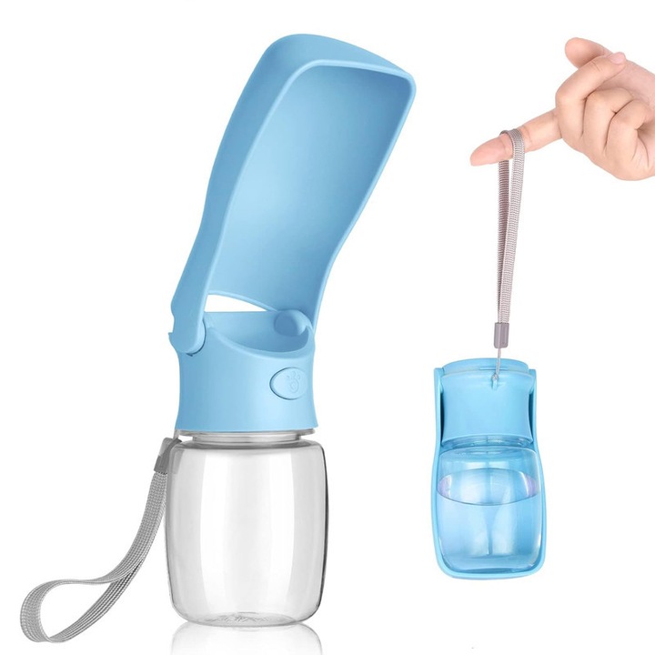Sticla de apa pliabila pentru caini, 350ml, fara scurgeri, albastru deschis