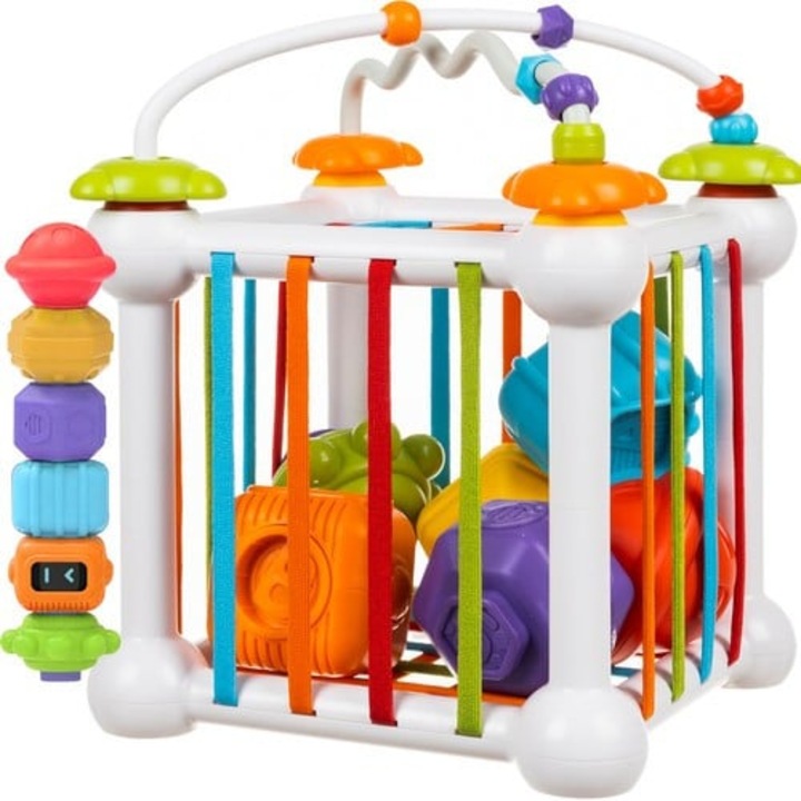 Jucarie cub educativ cu benzi elastice, Montessori, cu activitati pentru copii, centru de activitati senzoriala, 19x15 cm