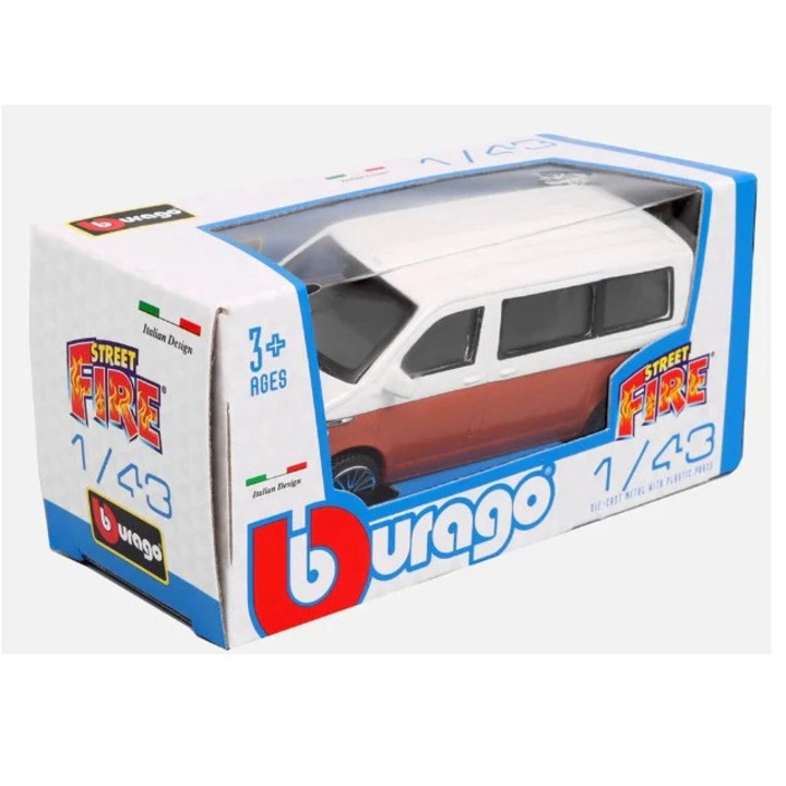 Bburago 1/43 Street Fire-Set 2-Volkswagen T6 1 Transporter fehér/narancs Bb30002-30434-30455 modell autó