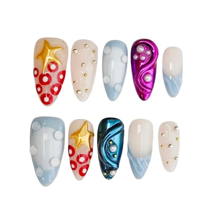 Set 10 Unghii Presate Handmade, Forma de migdala, Multicolor, S