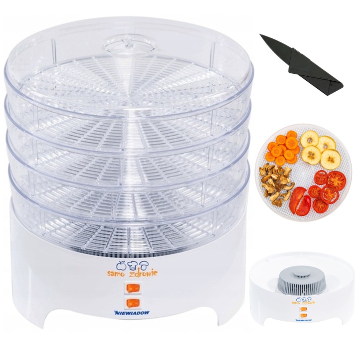 Deshidrator alimente, 30 cm, capacitate 11.2 L, 330W, 2 trepte temperatura, functionare silentioasa, uscare fructe, legume, ciuperci, carne si plante, Alb