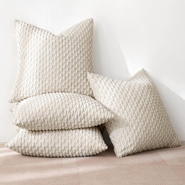 Set 4 fete de perna decorative 45 x 45 cm – Corduroy cu textura bob de porumb, fermoar ascuns - Bej