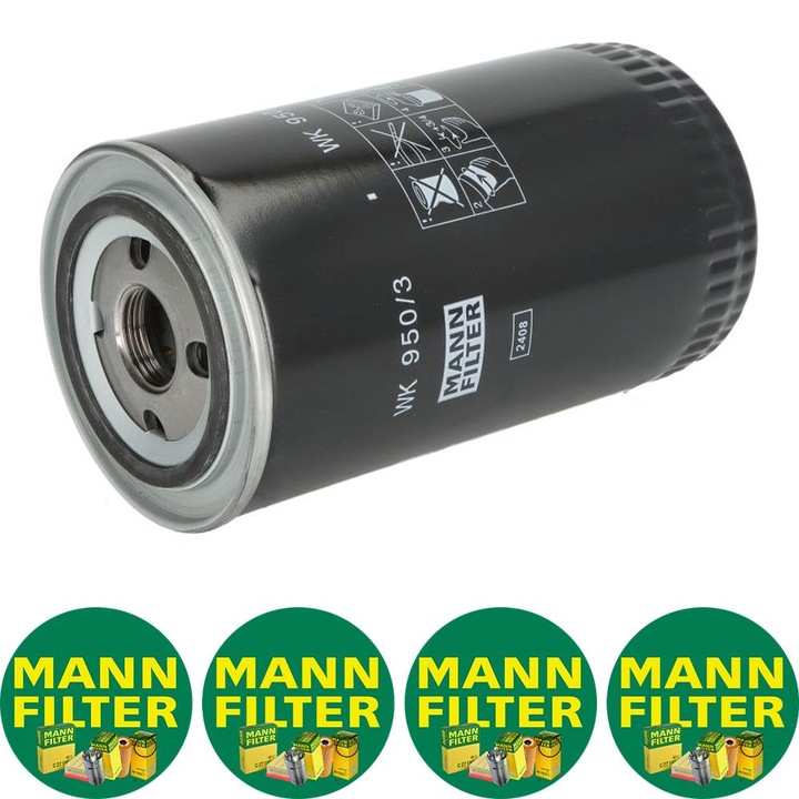 Filtru combustibil Mann Filter WK 950/3 pentru IVECO EUROTRAKKER, STRALIS I, TRAKKER I, TRAKKER II, MERCEDES OF, SCANIA 3, KENWORTH W, FENDT 800, ABG SAW, SF, AEBI TRANSPORTER, AG CHEM A 1000-6T-W06E, 4 stickere Mann Filru