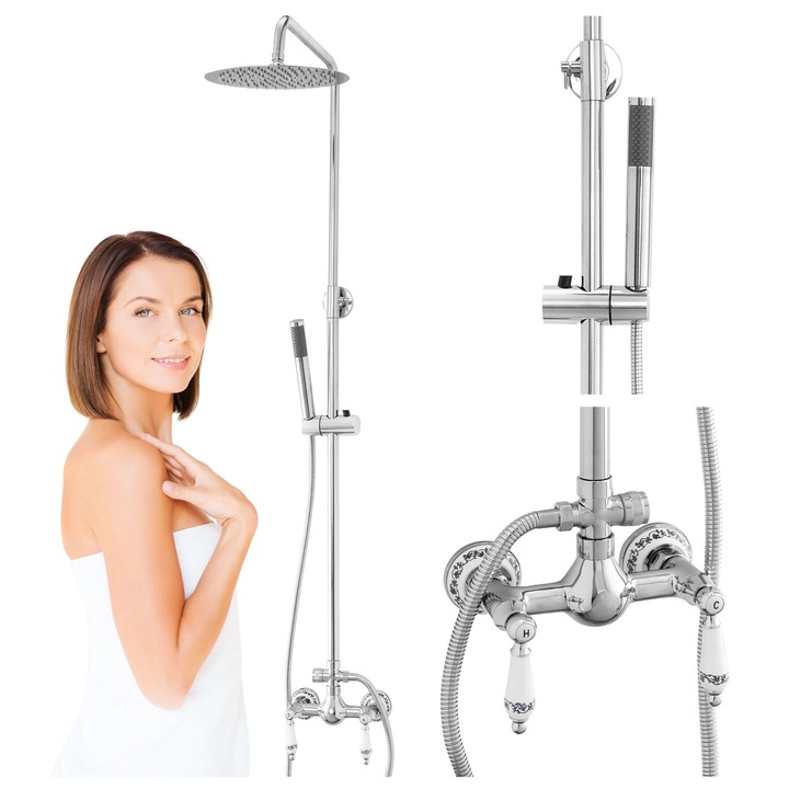 S-1189 zuhanycsaptelep szett kerek fejjel, fali rögzítés, 2 vízáramlási funkció, retro stílusú zuhany, króm