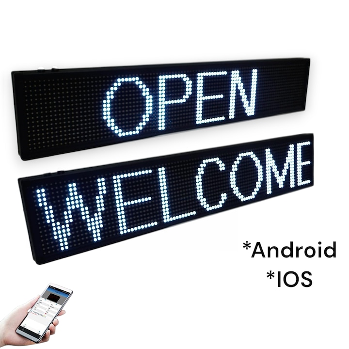Reclama caseta luminoasa Led Alb 100cm X 20cm X 4.5cm montaj interior, programare afisaj prin telefon Android/IOS 220v