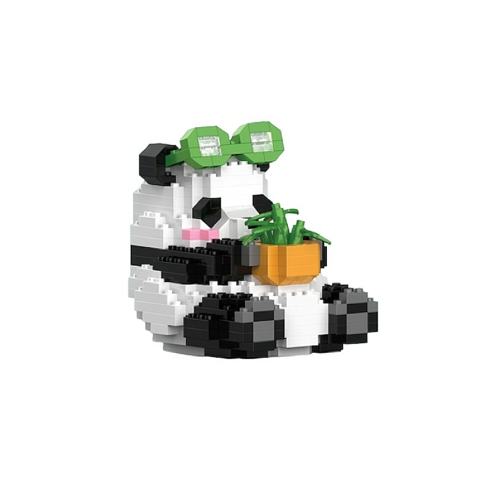Innovium™ Panda építőkészlet bambuszedénnyel, 348 ABS darab, valósághű és vicces 3D modell, oktatójáték gyerekeknek és felnőtteknek, méretek 7,4 × 6 × 7,2 CM