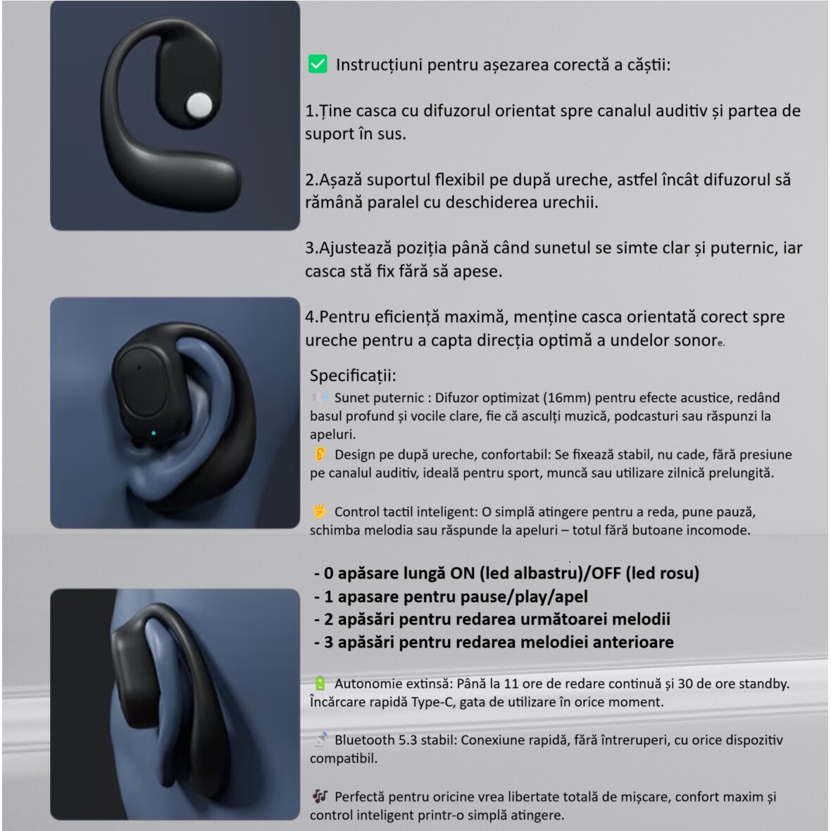 Casca Bluetooth 5.3 cu Touch, Sunet cu bass, Type-C, autonomie 11h, Alb ...