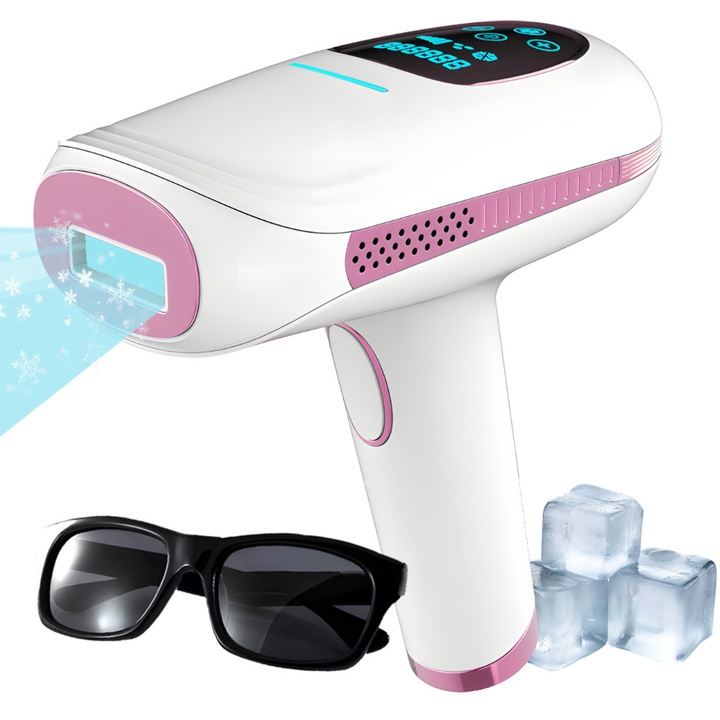 Професионален IPL епилатор с охлаждане, 999999 импулса, безболезнен, 9 стъпки, трайно обезкосмяване за лице и тяло, против акне, 2 ръчни и автоматични режима, за жени и мъже, преносим и икономичен, прецизен за чувствителни зони, розов и бял