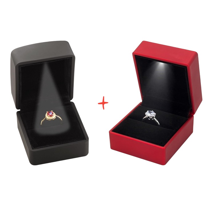 Cutiuta rosie + neagra cu led 5, 8cm x 6.3cm x 5 cm, special conceputa pentru ocazii speciale, inel logodna, verighete, pandant, cercei, diamante - 2 bucati