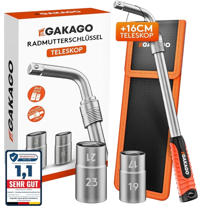 Cheie telescopica pentru roti si 2 tubulare 17/19 mm si 21/23 mm Gakago, otel crom-vanadiu, 39-55 cm