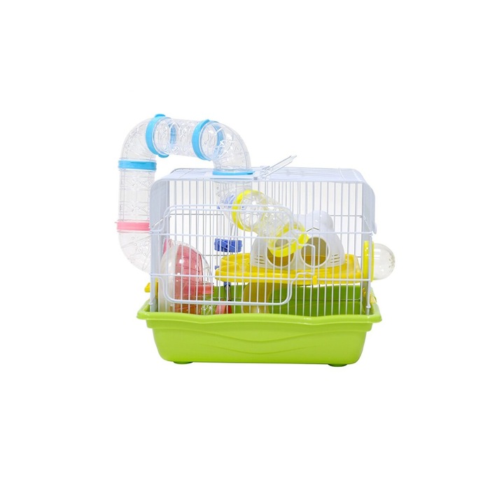 Cusca multifunctionala pentru rozatoare mici, Cu Tunel, toata si accesorii incluse, Plastic/Metal, 35.5 × 27 × 27.5 cm