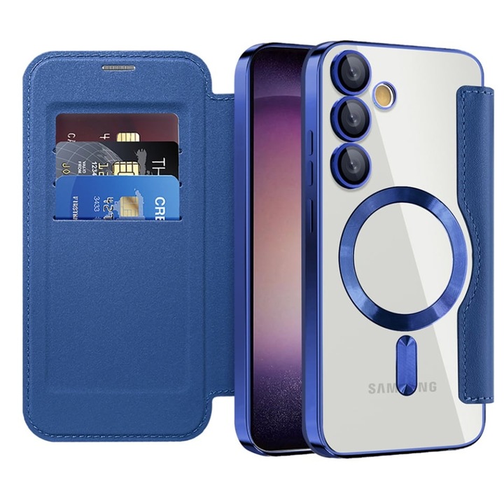 Husa pentru Samsung Galaxy S23 tip carte, SKYDDAR INOVATION, SmartMag Book, Magsafe, RFiD, Suport Carduri, set cu sticker, Albastru