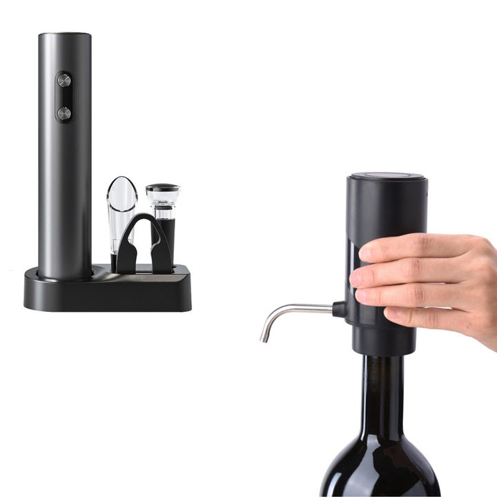 Set Premium pentru Vin: Decantor Electric Inteligent + Desfacator Electric de Sticle – Aerator Automat, Incarcare USB, Accesorii Incluse