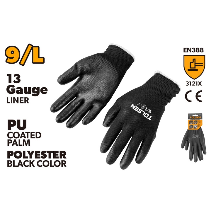 Manusi lucru TOLSEN marimea 9/L, poliester negru, palma PU, captuseala 13 gauge, aprobare CE, standard EN388, rezistente la diluanti, uleiuri si grasimi, permeabile si confortabile pentru activitati precise