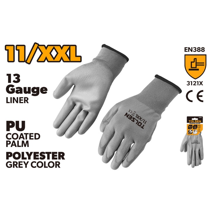 Manusi lucru TOLSEN marimea 11/XXL, poliester gri, palma PU, captuseala 13 gauge, aprobare CE, standard EN388, rezistente la diluanti, uleiuri si grasimi, permeabile si precise