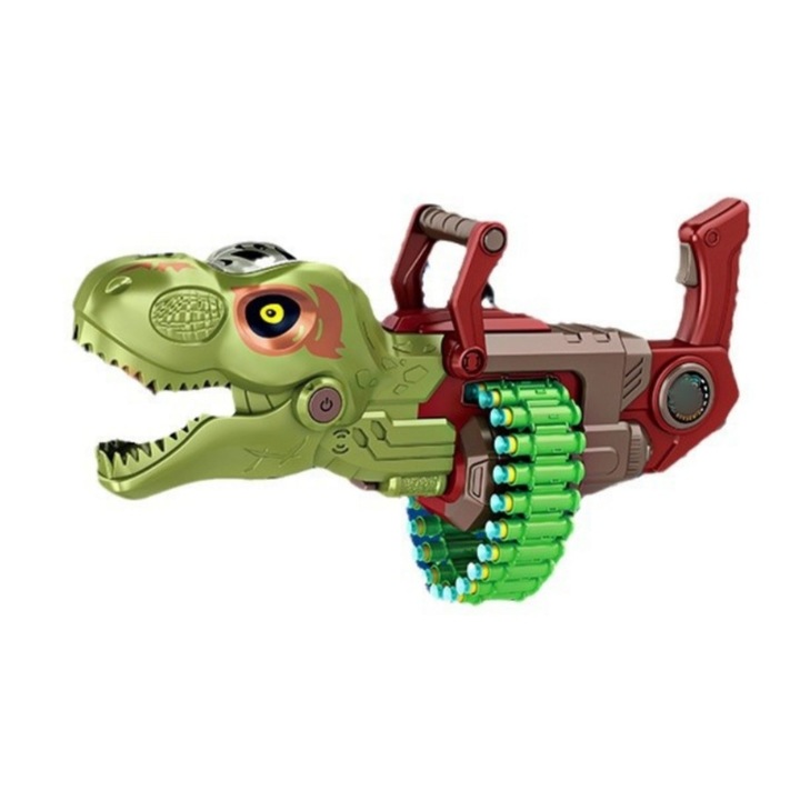 Софтбол играчка пистолет, динозавър, повтарящ се, спрей, симулирани писъци, светлини, зелено