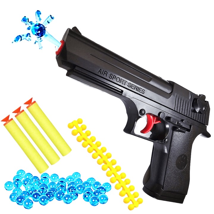 Pistol de Jucarie cu Bile Gel de Apa, Gloante Moi din Burete EVA si Bile Flexibile de Silicon Hidrogel, Blaster, Bombe Apa Distanta de Tragere 10 Metri Skin Negru SprintMag®