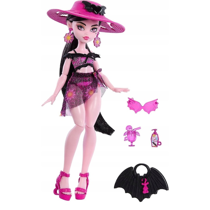 Papusa Mattel Monster High Draculaura, costum de plaja, accesorii, multicolor, 4 ani