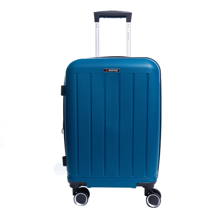 Troler de cabina extensibil Aventor AV101, 55x36x21.5 cm, bagaj de mana, polipropilena, +20% capacitate, fermoar antifurt, cifru TSA, turcoaz