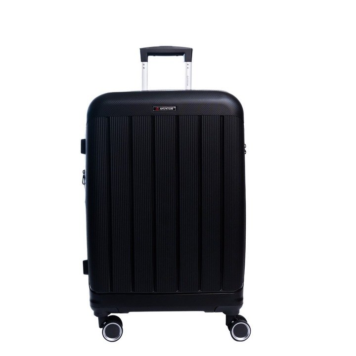 Troler mediu extensibil Aventor AV101, 65.5x43.5x26 cm, polipropilena, bagaj de cala, fermoar antifurt, +20% capacitate, cifru TSA, negru