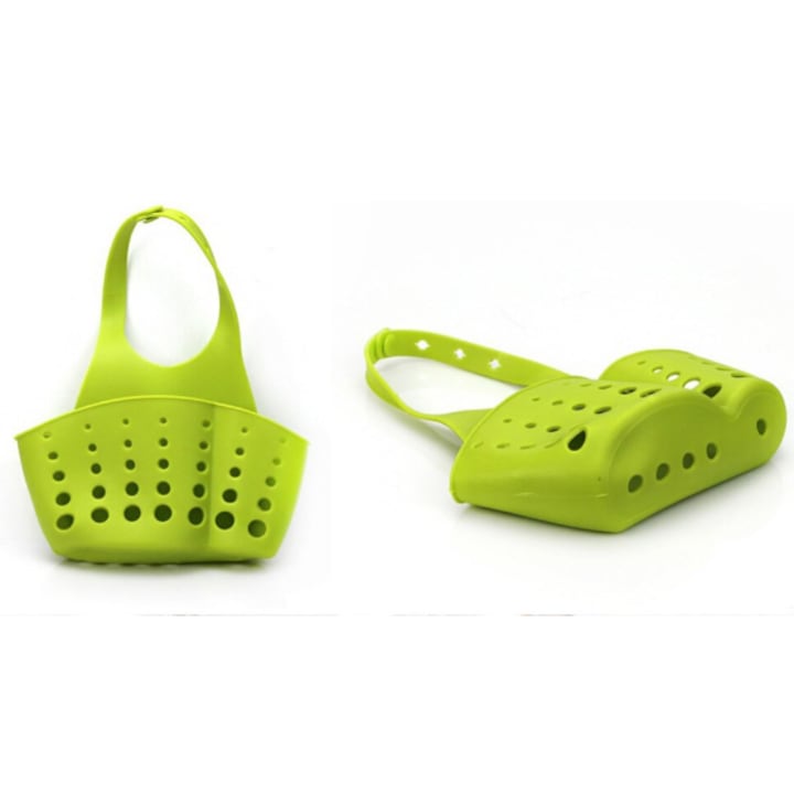 Set 2 Suporturi Scurgere pentru Burete si Laveta de Vase, din silicon cu gauri pentru scurgerea apei, agatatoare reglabila, Verde deschis