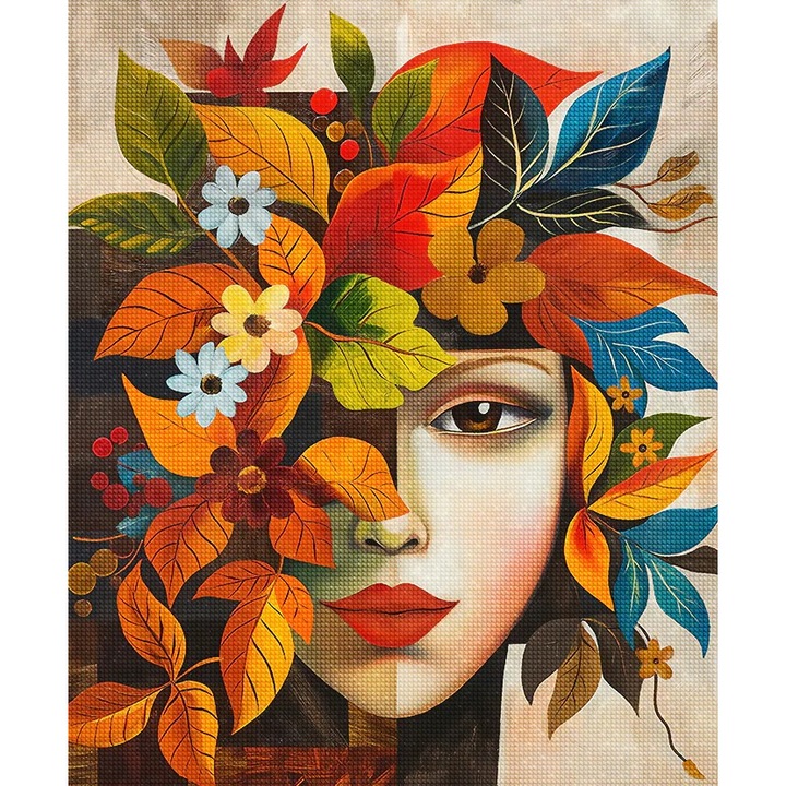 Set goblen cu diamante, cu sasiu, Chip inflorit, inspiratie Picasso, 40x50 cm