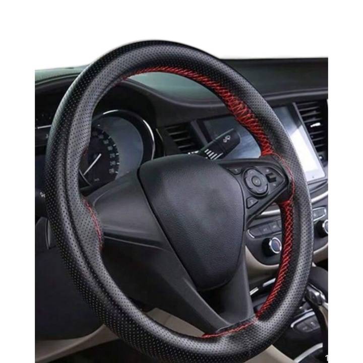 Fekete, öko-bőrből készült, karcálló kormánykerék-borítás cérnával és tűvel