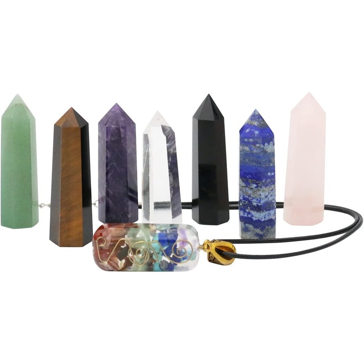 Set 7 batoane de vindecare, cristale, multicolor, colier orgone cu 7 chakre cu cutie cadou premium