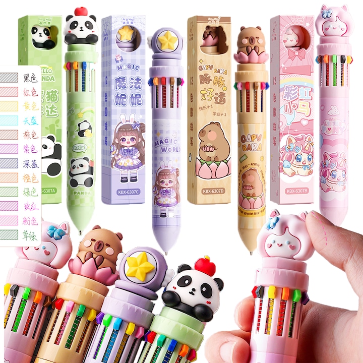 Pixuri colorate 12 in 1, pachet de 4, suport pentru pixuri cu desene animate dragute, 12 culori, potrivite pentru rechizite scolare, premii pentru studenti, cadouri pentru copii, panda, porcusor de Guineea, bagheta magica, ponei curcubeu