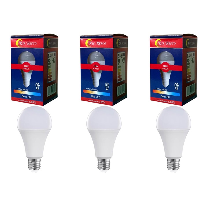 Set 3 becuri LED RIF REFCO, 18W (echiv. 144W), 1620lm, E27, lumina rece 6500K