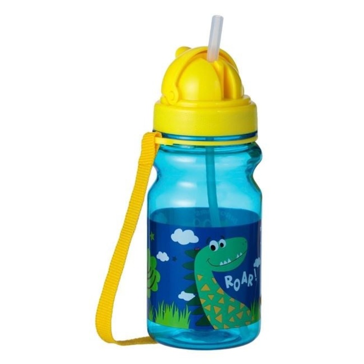 Детска Бутилка за Вода Pop-Up 350 мл Синьо-Жълта с Динозаври – Пластмасов Контейнер за Хидратация Момчета Детска Градина, Училище – ANTBro®