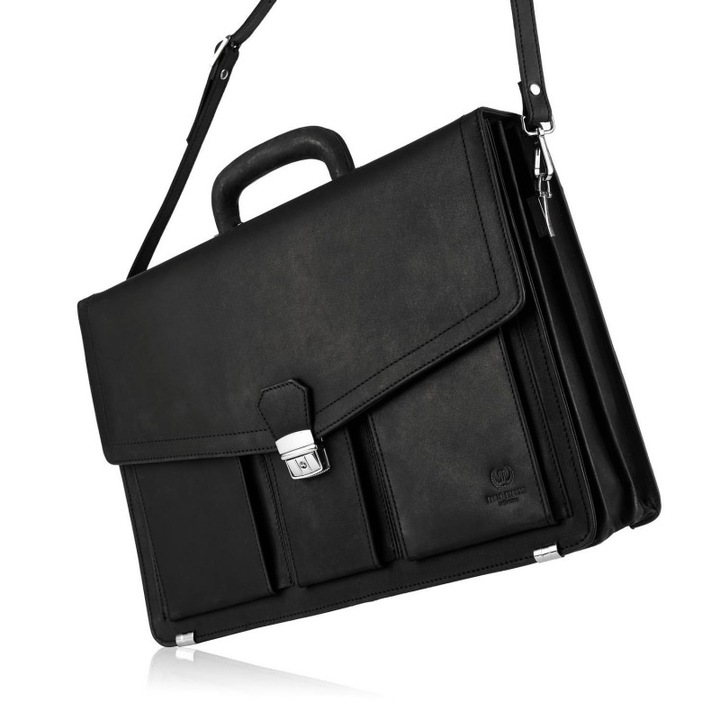 Valódi bőr aktatáska, Paolo Peruzzi, 3 rekeszes, fekete, 30x41.5x15cm