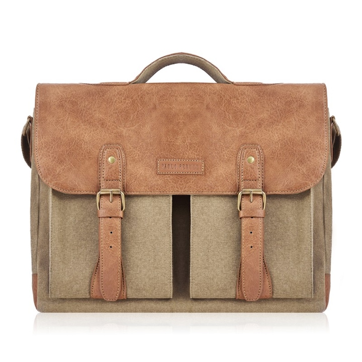 Férfi táska, Paolo Peruzzi, E-07, pamutvászon, vegán, 30x38x10cm, 7 zseb, bézs színű