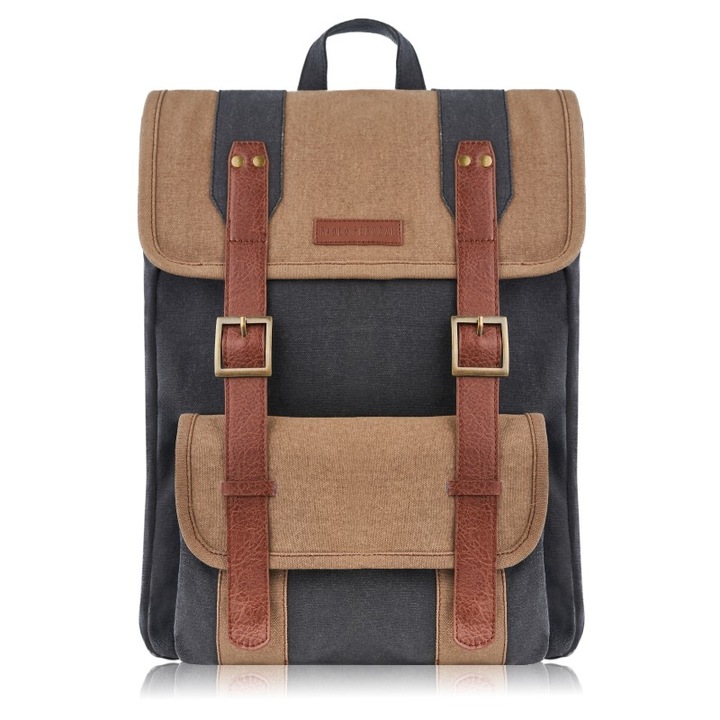 Rucsac barbati E-05-MC, material canvas + piele vegana, 3 buzunare, 47x32x12cm, compartiment laptop 33x30cm