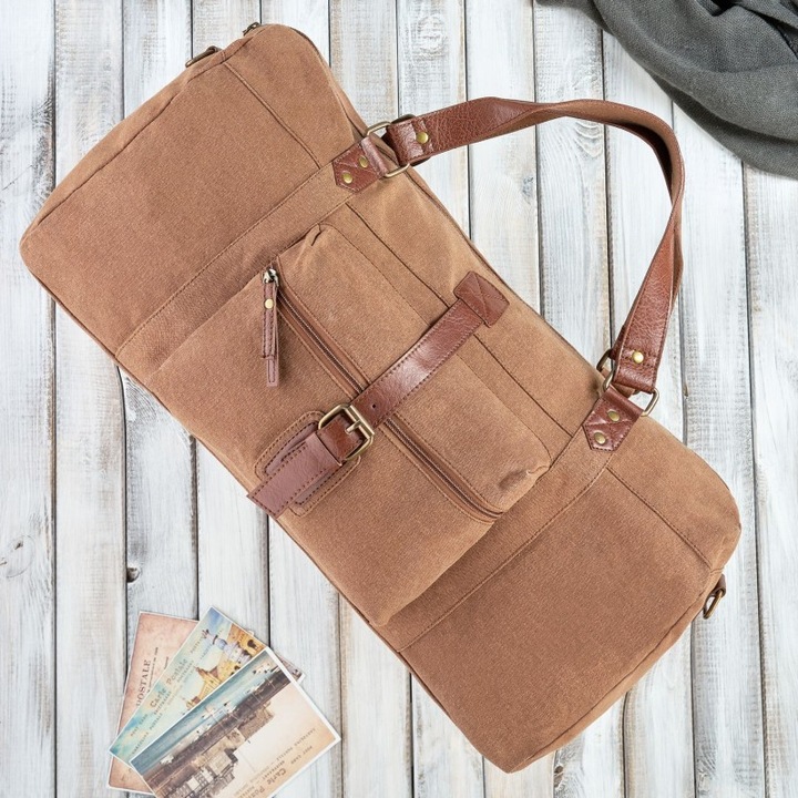 Férfi utazótáska, Paolo Peruzzi, E-02-BR, 30x53x20cm, barna, vászon/vegán bőr, A4-es kapacitás