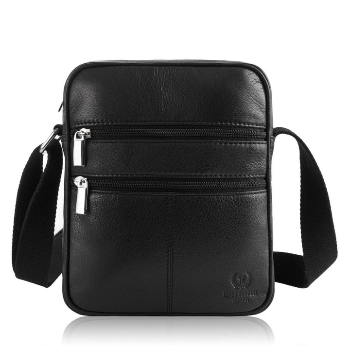 Férfi szett: férfi táska T-74, pénztárca T-79, természetes bőr, fekete, táska méretei 22x19x6cm, pénztárca méretei 12x9x2cm