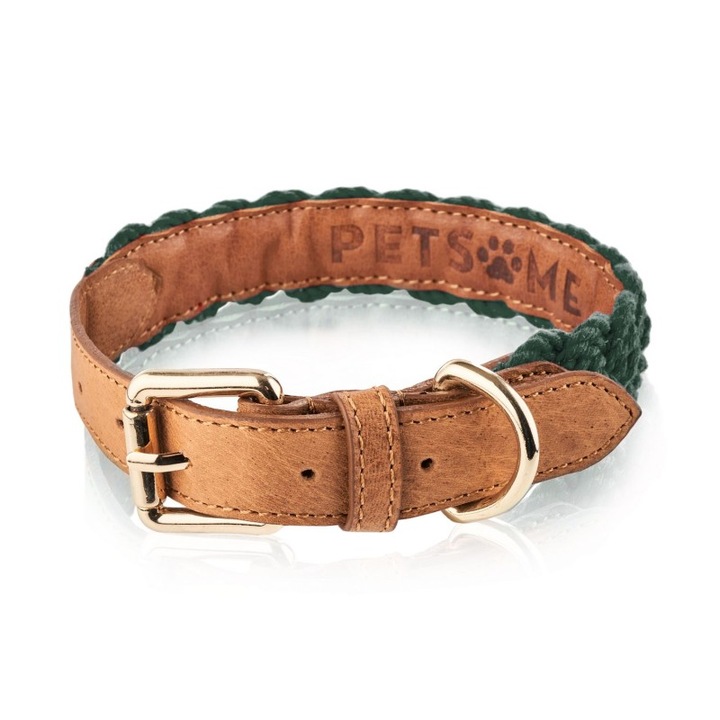 Zgarda din piele pentru caini, Petsome, verde, L, 2,5cm, set cu sac reutilizabil