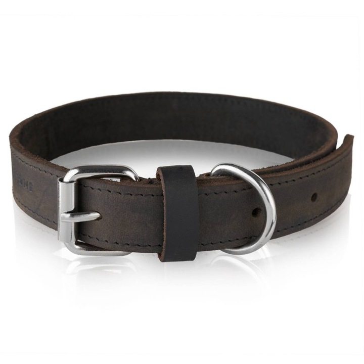 Petsome természetes bőr kutyanyakörv, L/XL méret, barna, 2,5 cm széles, újrahasználható táskával szettben