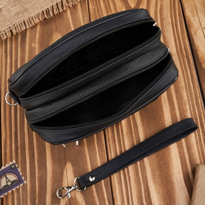 Férfi oldaltáska, valódi bőrből, 2 rekesz, 7 zseb, fekete, 14x22x7cm