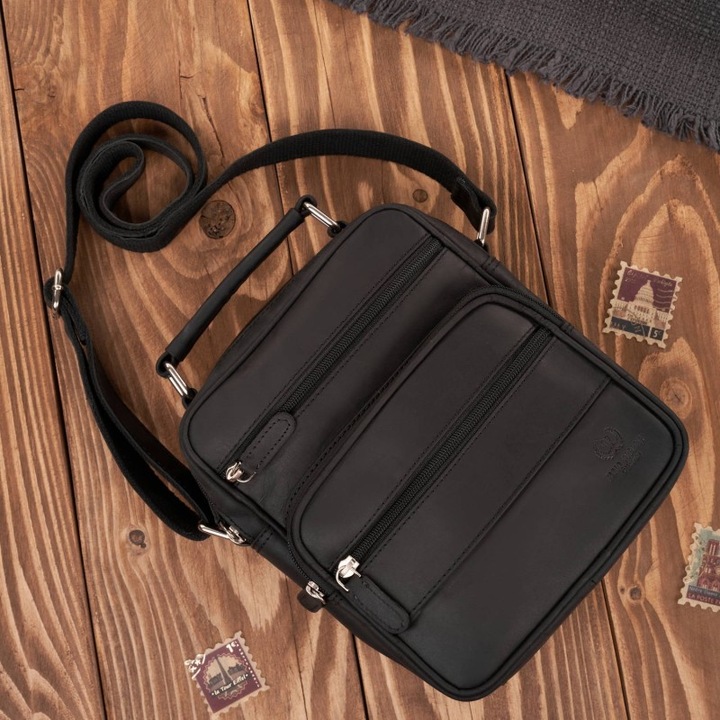 Férfi természetes bőr oldaltáska, Paolo Peruzzi, 1 rekesz, 5 zseb, fekete, 20x23x10cm