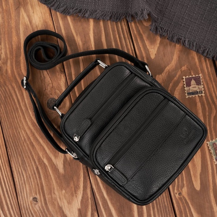 Férfi oldaltáska, valódi bőrből, Paolo Peruzzi, 1 rekesz, 5 zseb, fekete, 20x23x10cm