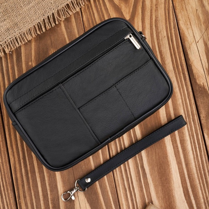 Férfi bőr oldaltáska Abruzzo, fekete, 6 zsebbel, 14x22x5cm