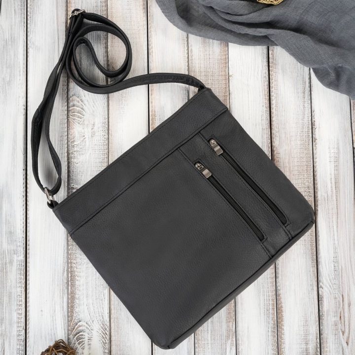 Természetes bőr válltáska, ABR-22 modell, 5 zseb, fekete, 28x23x8cm