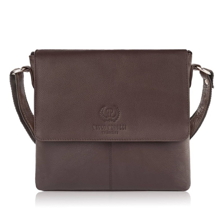 Valódi bőr postás táska, Paolo Peruzzi, E-28, 5 zsebbel, barna színű, 26x23x4cm